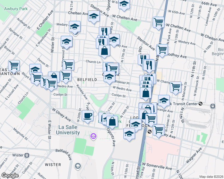 map of restaurants, bars, coffee shops, grocery stores, and more near 5900 Ogontz Avenue in Philadelphia