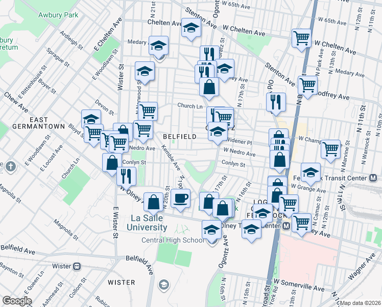 map of restaurants, bars, coffee shops, grocery stores, and more near 1849 West Nedro Avenue in Philadelphia