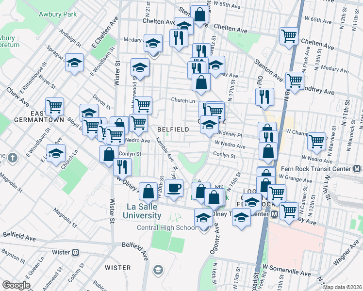 map of restaurants, bars, coffee shops, grocery stores, and more near 5919 North Opal Street in Philadelphia