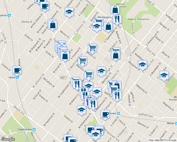 map of restaurants, bars, coffee shops, grocery stores, and more near 128 East Pastorius Street in Philadelphia