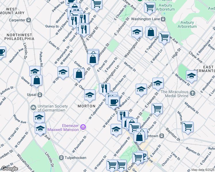 map of restaurants, bars, coffee shops, grocery stores, and more near 38 Washington Lane in Philadelphia