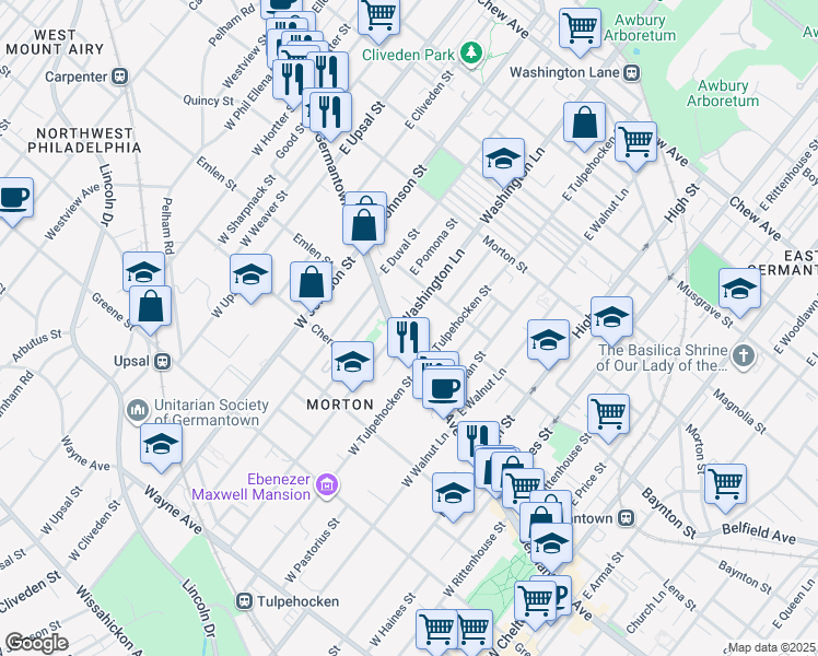 map of restaurants, bars, coffee shops, grocery stores, and more near 38 Washington Lane in Philadelphia