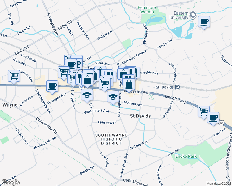 map of restaurants, bars, coffee shops, grocery stores, and more near 189 Lancaster Avenue in Devon
