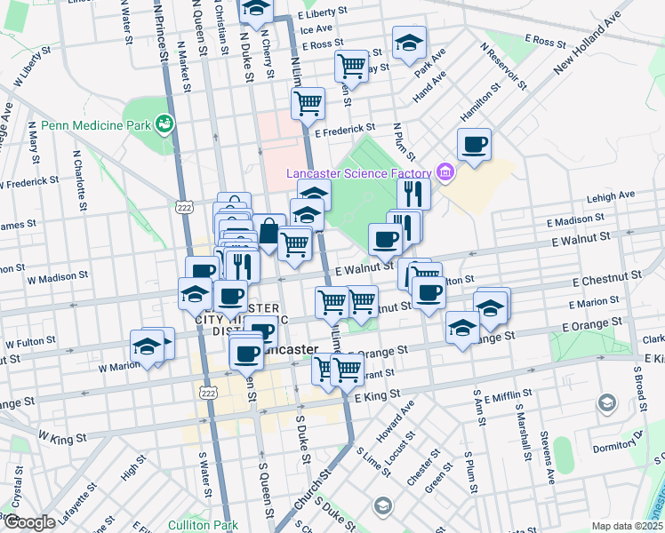 map of restaurants, bars, coffee shops, grocery stores, and more near 213 East Madison Street in Lancaster