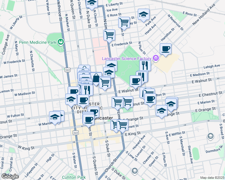 map of restaurants, bars, coffee shops, grocery stores, and more near 213 East Madison Street in Lancaster