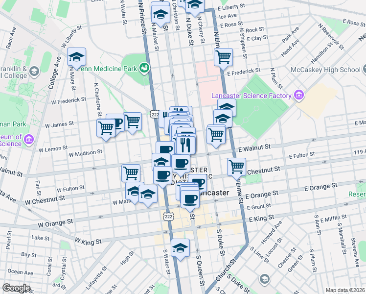 map of restaurants, bars, coffee shops, grocery stores, and more near 347 North Queen Street in Lancaster
