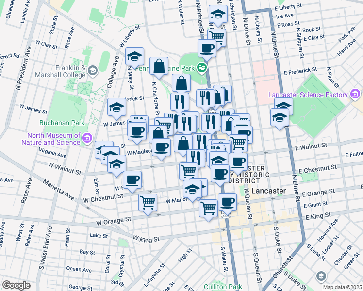 map of restaurants, bars, coffee shops, grocery stores, and more near 425 North Concord Street in Lancaster