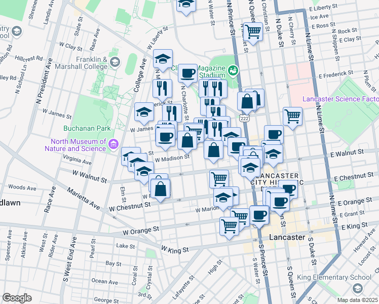 map of restaurants, bars, coffee shops, grocery stores, and more near 351 North Charlotte Street in Lancaster