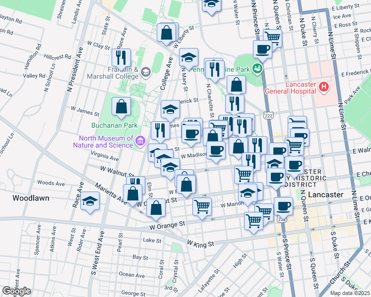 map of restaurants, bars, coffee shops, grocery stores, and more near 423 North Pine Street in Lancaster