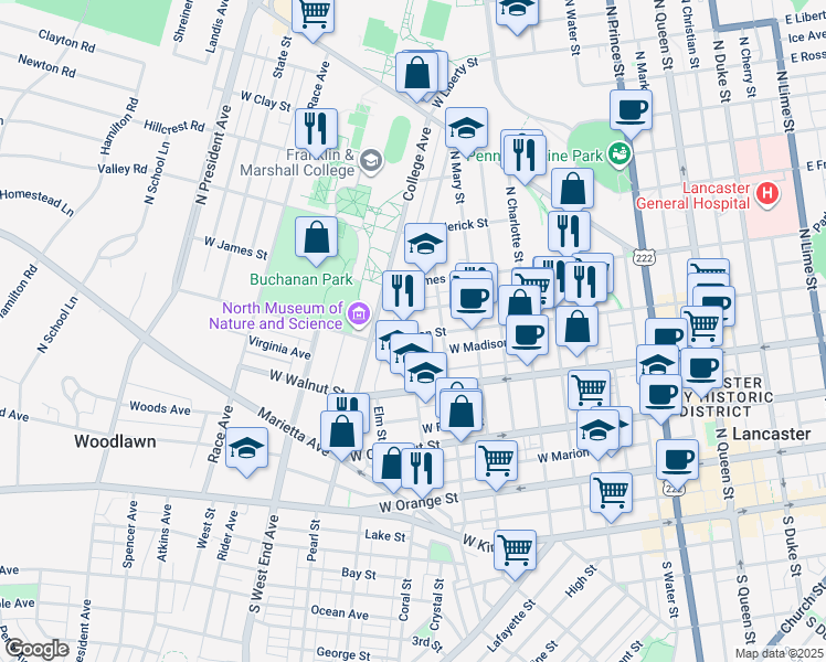 map of restaurants, bars, coffee shops, grocery stores, and more near 434 Nevin Street in Lancaster