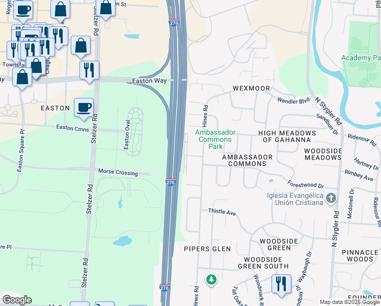 map of restaurants, bars, coffee shops, grocery stores, and more near 3449 Hines Road in Columbus