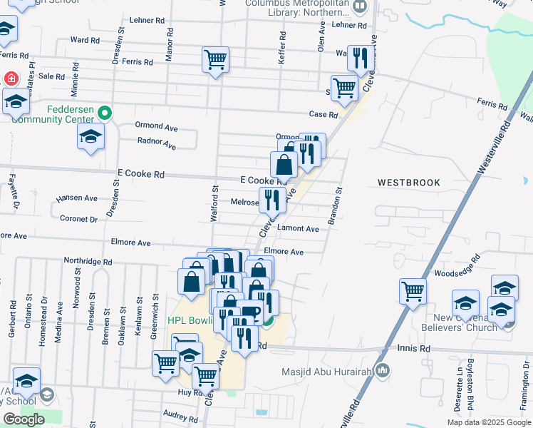 map of restaurants, bars, coffee shops, grocery stores, and more near in Columbus