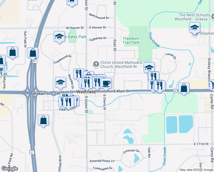 map of restaurants, bars, coffee shops, grocery stores, and more near in Westfield