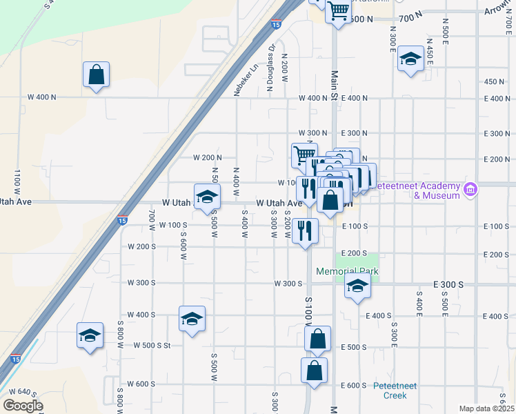 map of restaurants, bars, coffee shops, grocery stores, and more near 351 West Utah Avenue in Payson