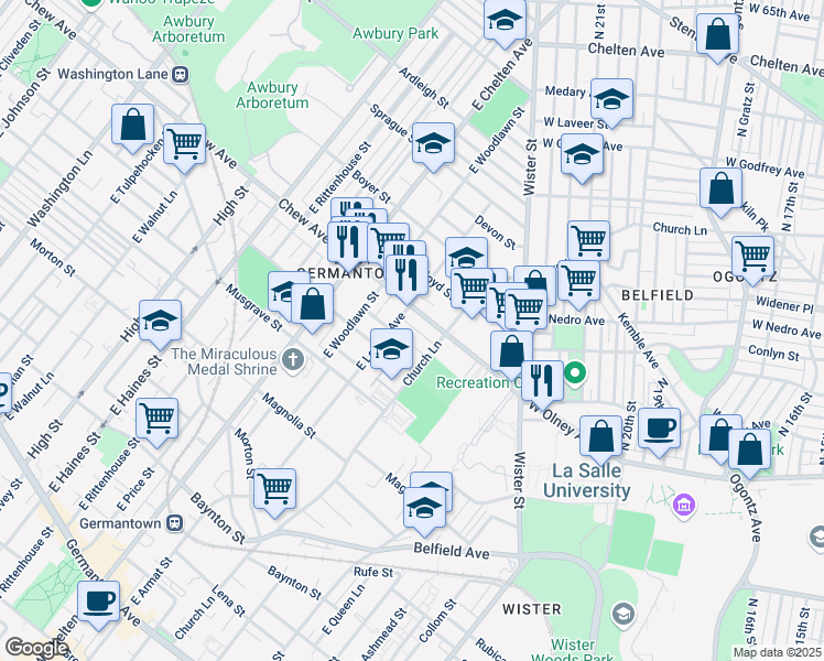 map of restaurants, bars, coffee shops, grocery stores, and more near 5536 Crowson Street in Philadelphia