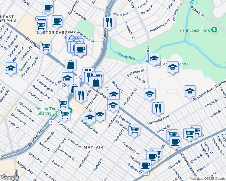 map of restaurants, bars, coffee shops, grocery stores, and more near 2929 Teesdale Street in Philadelphia