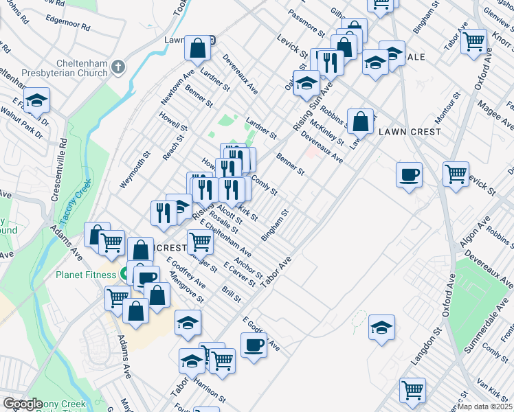 map of restaurants, bars, coffee shops, grocery stores, and more near 5921 Malta Street in Philadelphia