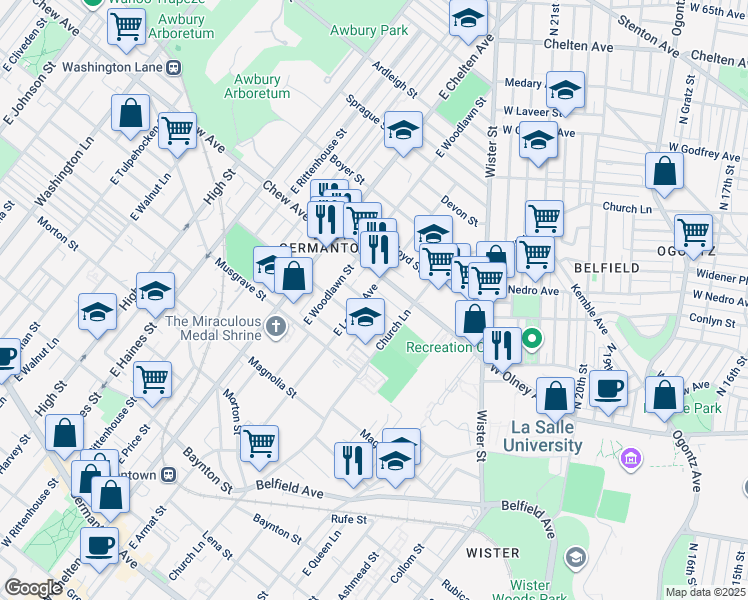 map of restaurants, bars, coffee shops, grocery stores, and more near 724 East Locust Avenue in Philadelphia