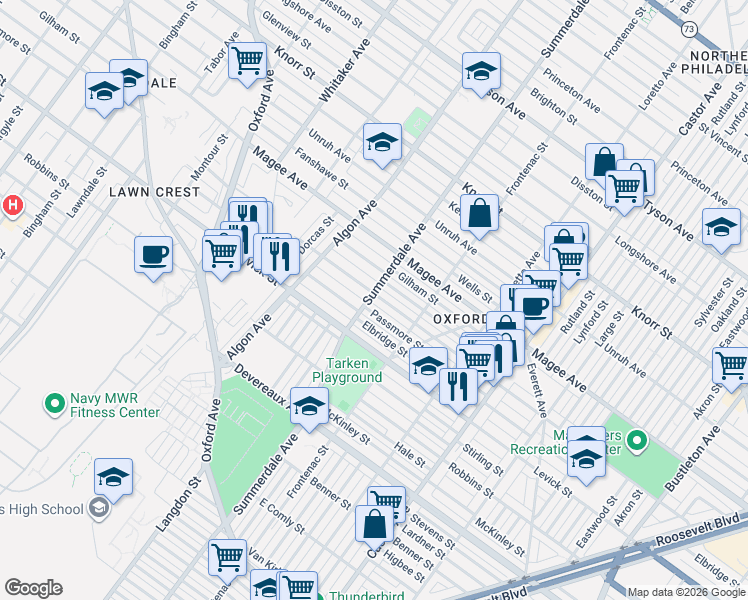 map of restaurants, bars, coffee shops, grocery stores, and more near 1201 Greeby Street in Philadelphia