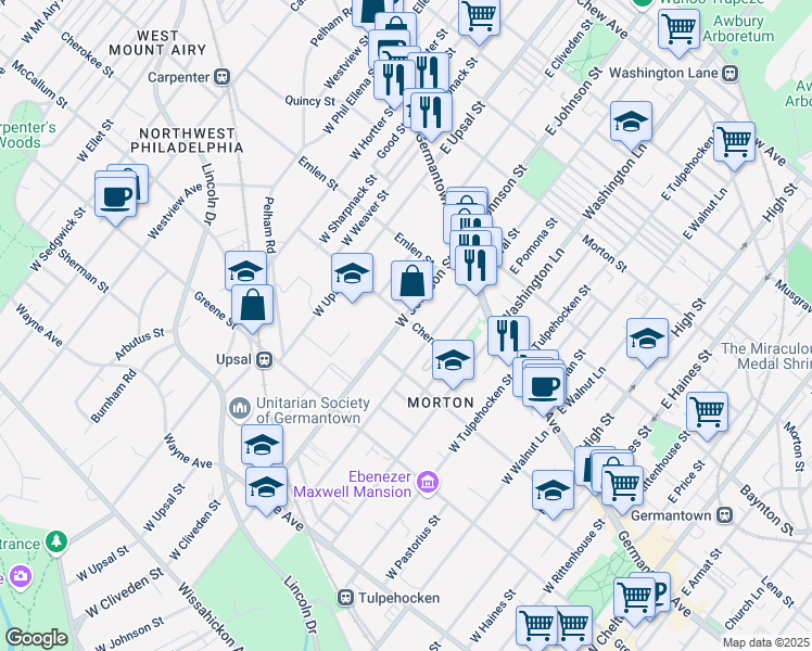 map of restaurants, bars, coffee shops, grocery stores, and more near 100 West Johnson Street in Philadelphia
