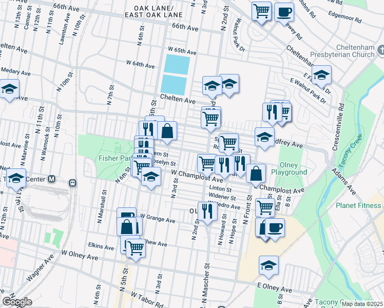 map of restaurants, bars, coffee shops, grocery stores, and more near 6061 North American Street in Philadelphia