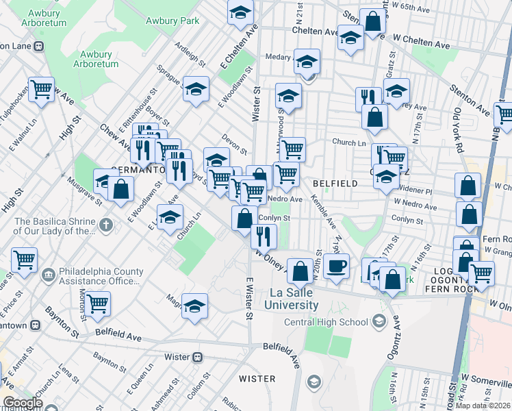 map of restaurants, bars, coffee shops, grocery stores, and more near 5917 North Beechwood Street in Philadelphia