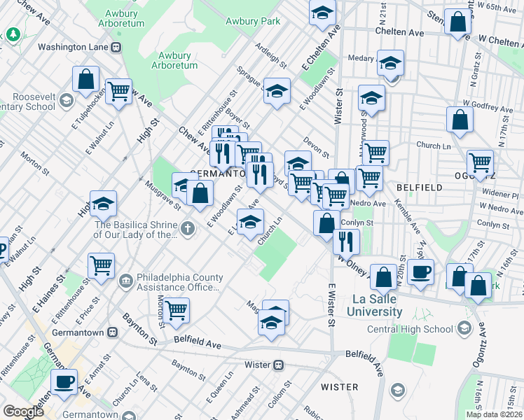 map of restaurants, bars, coffee shops, grocery stores, and more near 5540 Crowson St in Philadelphia