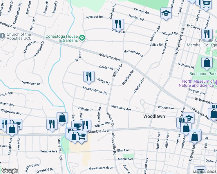 map of restaurants, bars, coffee shops, grocery stores, and more near 148 Wilson Drive in Lancaster