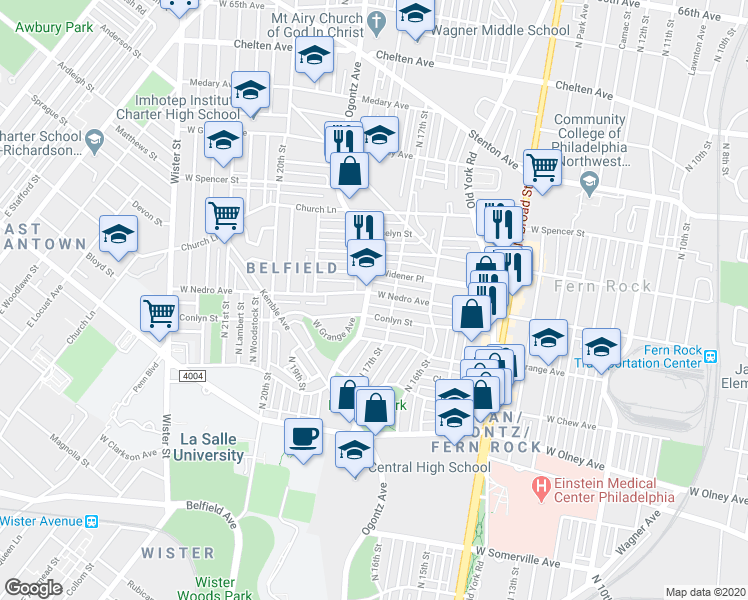 map of restaurants, bars, coffee shops, grocery stores, and more near 1722 West Nedro Avenue in Philadelphia