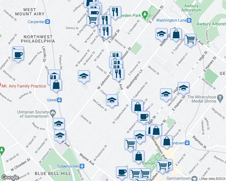 map of restaurants, bars, coffee shops, grocery stores, and more near 43 West Duval Street in Philadelphia