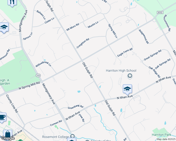 map of restaurants, bars, coffee shops, grocery stores, and more near 1401 Old Gulph Road in Villanova