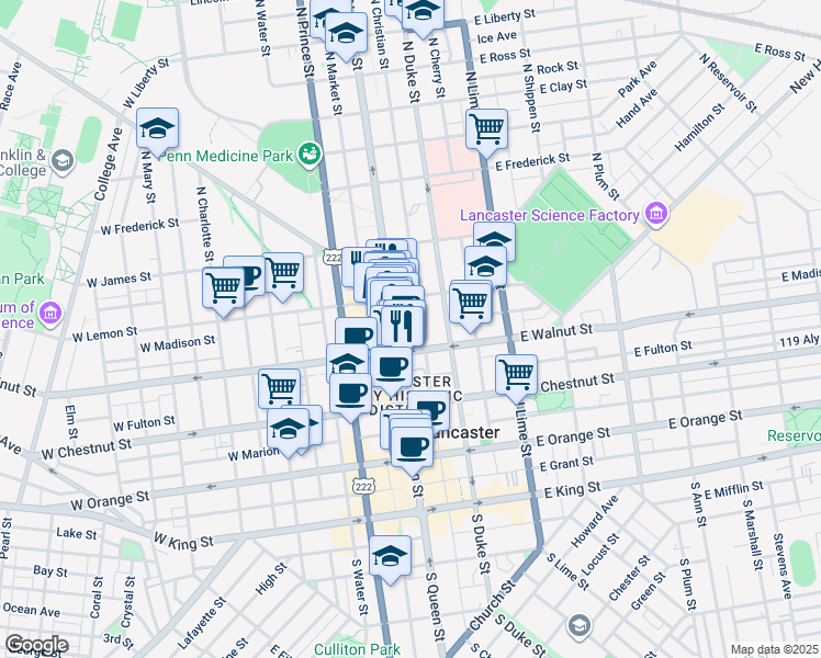 map of restaurants, bars, coffee shops, grocery stores, and more near 323 North Queen Street in Lancaster
