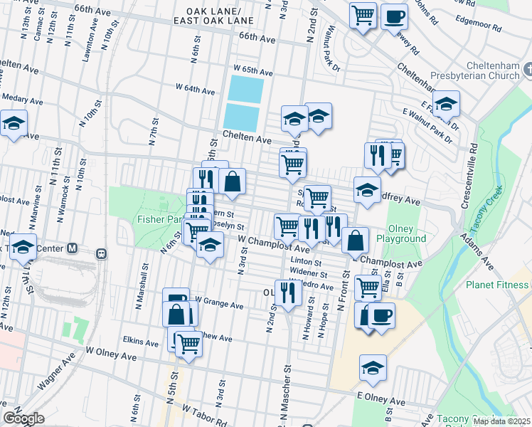 map of restaurants, bars, coffee shops, grocery stores, and more near 6061 North American Street in Philadelphia