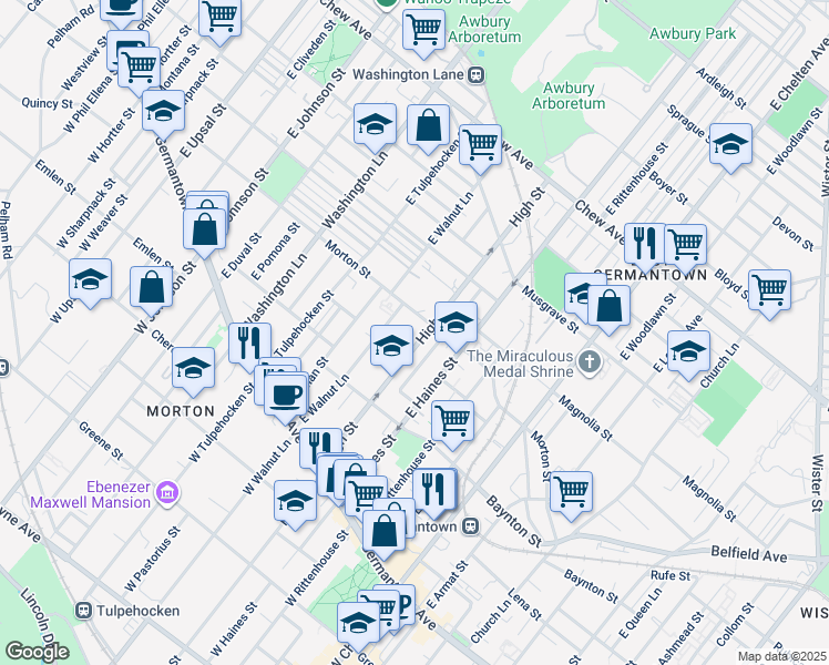map of restaurants, bars, coffee shops, grocery stores, and more near 323 East High Street in Philadelphia