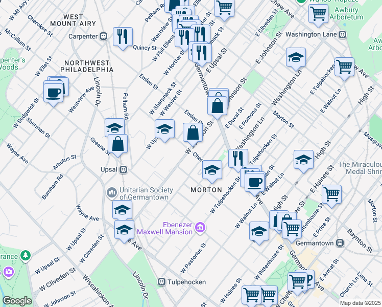 map of restaurants, bars, coffee shops, grocery stores, and more near 100 West Johnson Street in Philadelphia