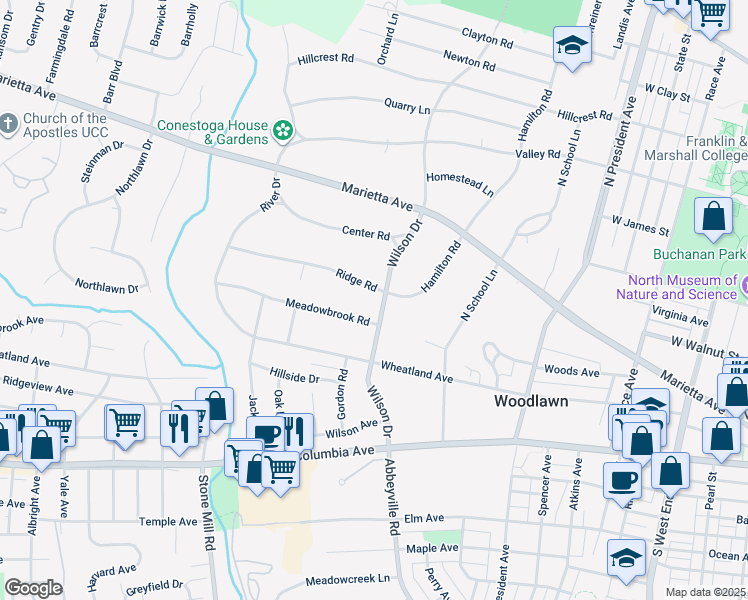 map of restaurants, bars, coffee shops, grocery stores, and more near 148 Wilson Drive in Lancaster