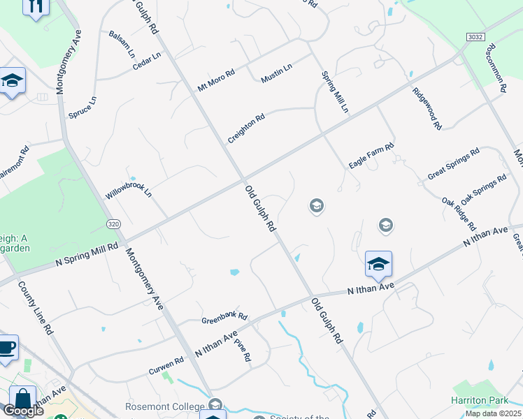map of restaurants, bars, coffee shops, grocery stores, and more near 1401 Old Gulph Road in Villanova