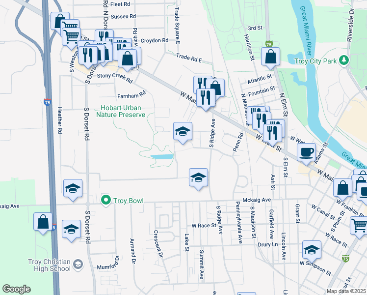 map of restaurants, bars, coffee shops, grocery stores, and more near 172 South Ridge Avenue in Troy