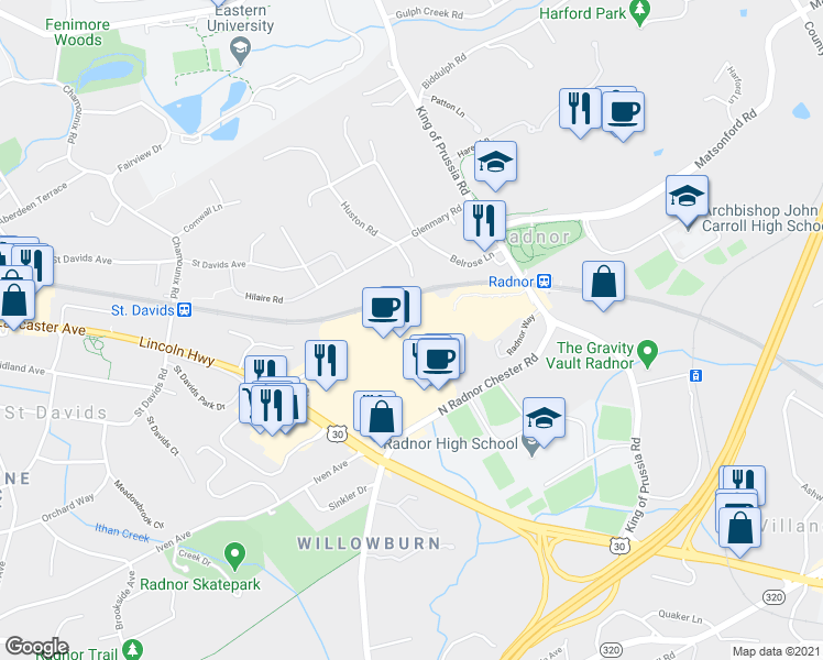 map of restaurants, bars, coffee shops, grocery stores, and more near 170 North Radnor Chester Road in Wayne