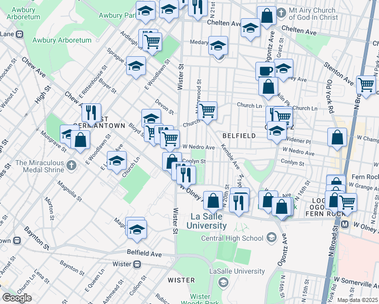 map of restaurants, bars, coffee shops, grocery stores, and more near 2143 West Grange Avenue in Philadelphia