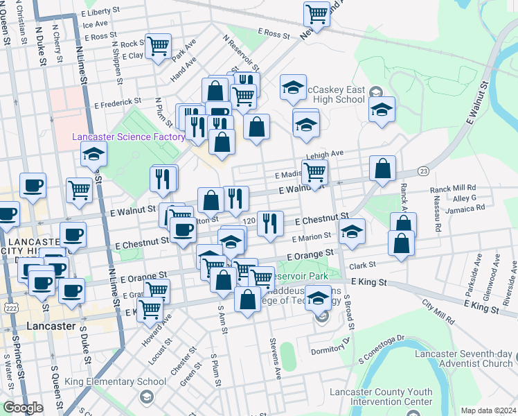 map of restaurants, bars, coffee shops, grocery stores, and more near 633 East Fulton Street in Lancaster