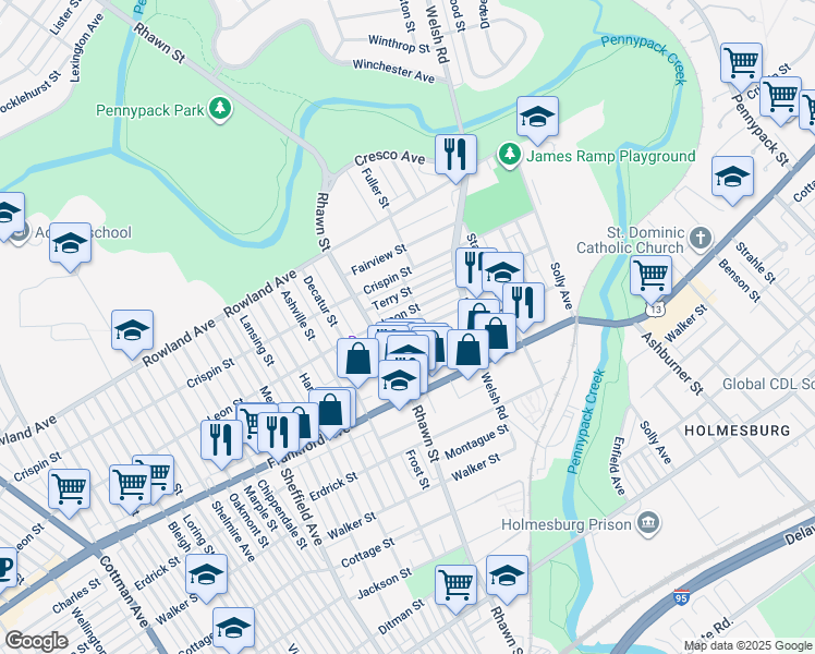 map of restaurants, bars, coffee shops, grocery stores, and more near 8034 Moro Street in Philadelphia