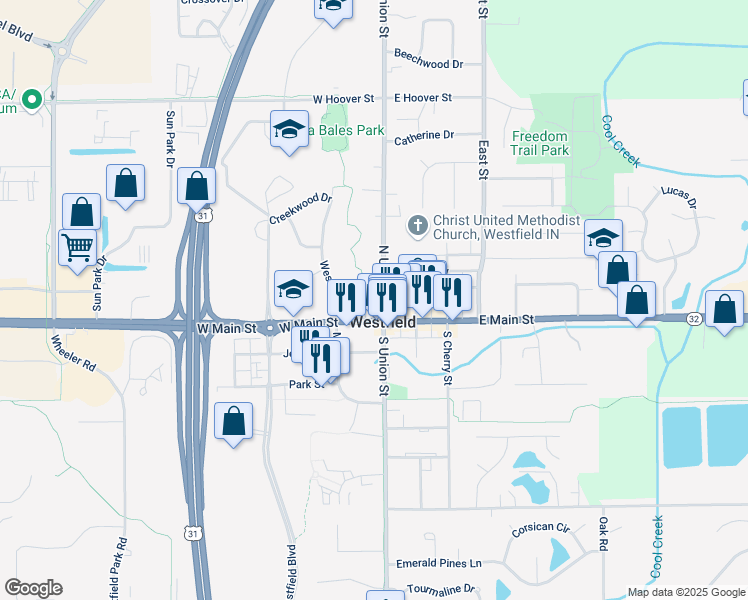map of restaurants, bars, coffee shops, grocery stores, and more near 201 North Union Street in Westfield