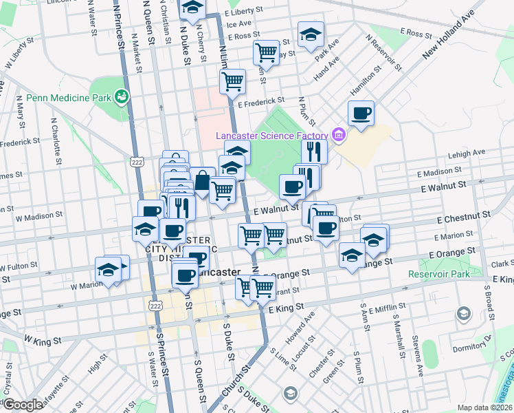 map of restaurants, bars, coffee shops, grocery stores, and more near 213 East Madison Street in Lancaster