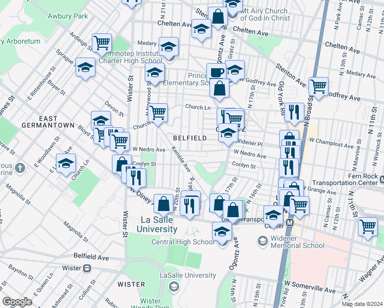 map of restaurants, bars, coffee shops, grocery stores, and more near 1922 West Nedro Avenue in Philadelphia