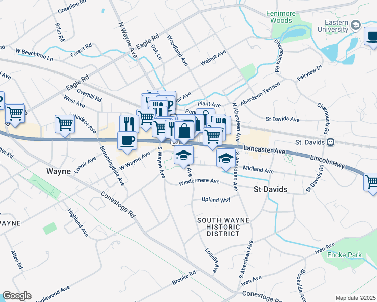 map of restaurants, bars, coffee shops, grocery stores, and more near 102 Louella Avenue in Wayne