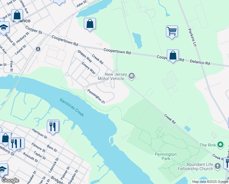 map of restaurants, bars, coffee shops, grocery stores, and more near 29 Pennington Court in Delanco