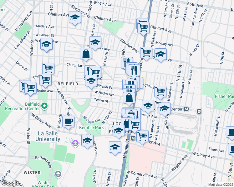 map of restaurants, bars, coffee shops, grocery stores, and more near 1517 West Nedro Avenue in Philadelphia
