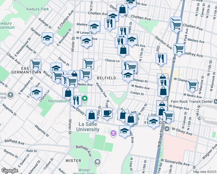 map of restaurants, bars, coffee shops, grocery stores, and more near 1918 West Nedro Avenue in Philadelphia