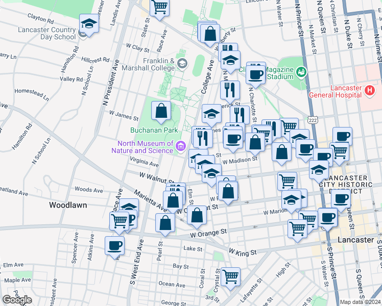map of restaurants, bars, coffee shops, grocery stores, and more near 413 College Avenue in Lancaster